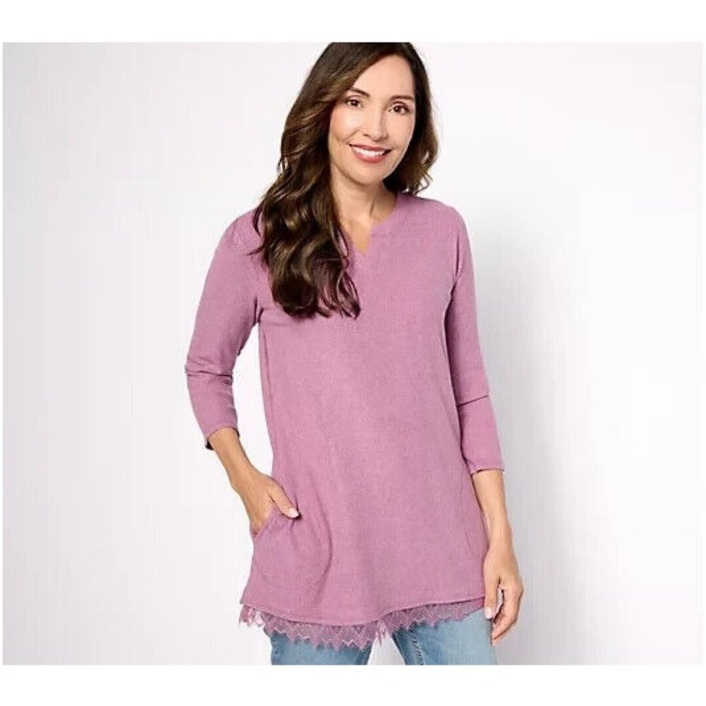 LOGO Lounge by Lori Goldstein Rib Knit Top with Lace Hem Mauve Orchid,XXS